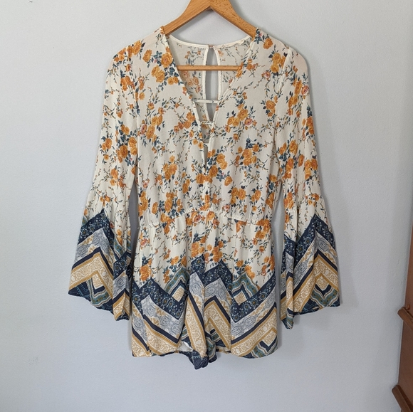 Chloe & Katie Long Sleeve Floral Striped Romper - Picture 1 of 7